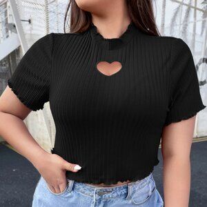 SHEIN EZwear Plus Heart Cut Out Lettuce Trim Tee